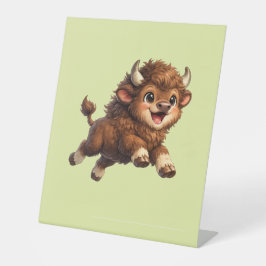 大きな目がかわいいアメリカバイソンが幸せに走る野生動物のキャラクター 台座サイン