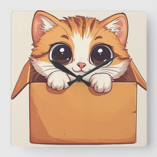 大きな目がかわいいキャラクターの子猫 スクエア壁時計 (正面)