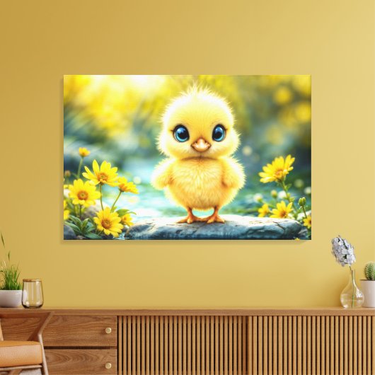 大きな目が岩に立つかわいいフワフワの雛 キャンバスプリント (インサイチュ (リビング))