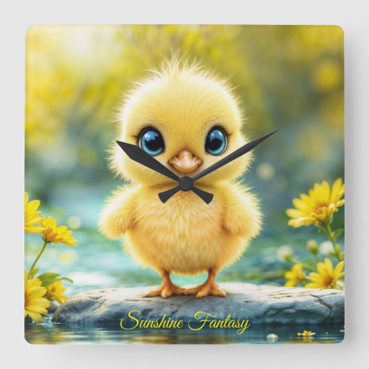 大きな目が岩に立つかわいいフワフワの雛 スクエア壁時計 (正面)