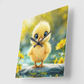 大きな目が岩に立つかわいいフワフワの雛 スクエア壁時計 (傾斜)