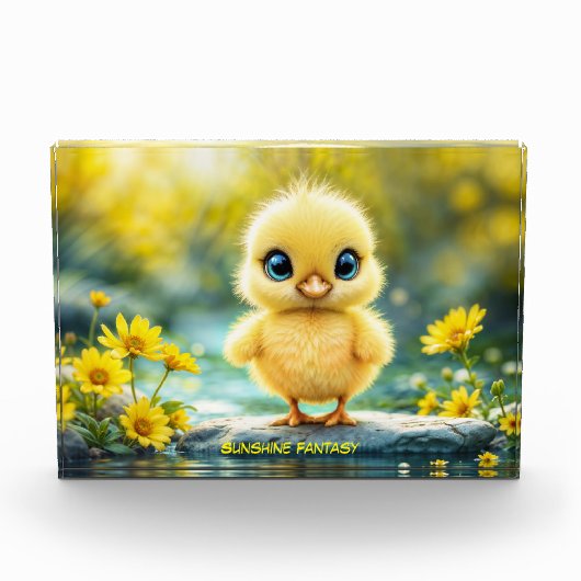 大きな目が岩に立つかわいいフワフワの雛 フォトブロック (正面)