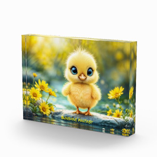 大きな目が岩に立つかわいいフワフワの雛 フォトブロック (右)