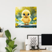 大きな目が岩に立つかわいいフワフワの雛 ポスター (ホームオフィス)