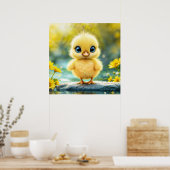 大きな目が岩に立つかわいいフワフワの雛 ポスター (キッチン)