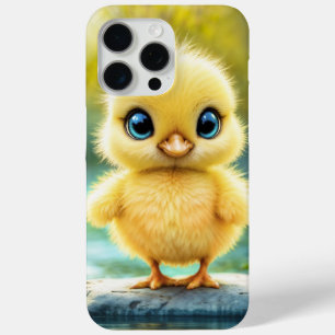 大きな目が岩に立つかわいいフワフワの雛 iPhone 15 PRO MAXケース