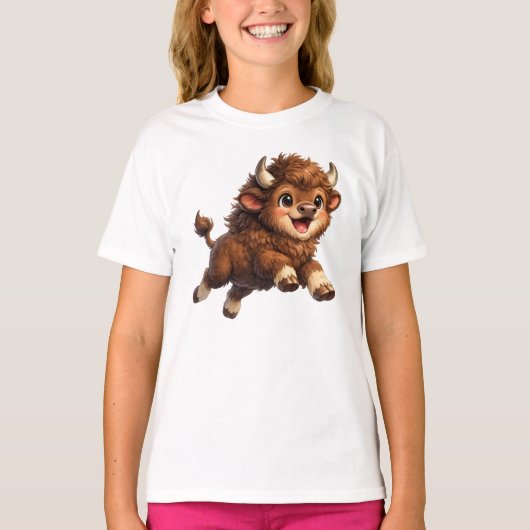 大きな目でキュートなバイソン 幸せな野生動物のキャラクター Tシャツ (正面)