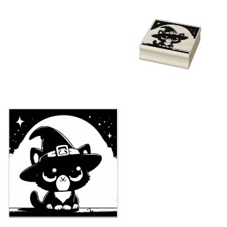 大きな目で見つめる黒猫の魔女と満月 ラバースタンプ