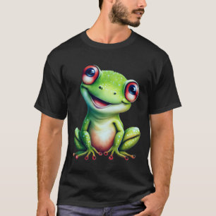 大きな目とスマイルで愛らしいグリーンカエル Tシャツ