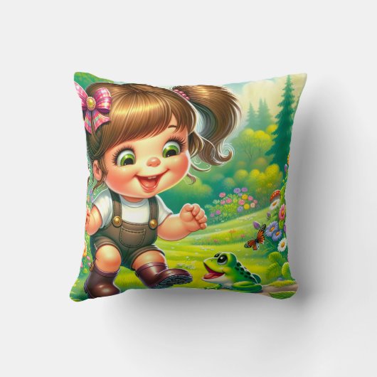 大きな目と緑のカエルを持つ少女 クッション (裏面)
