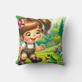大きな目と緑のカエルを持つ少女 クッション (正面)