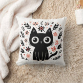 大きな目と花を持つ黒猫 クッション (ブランケット)