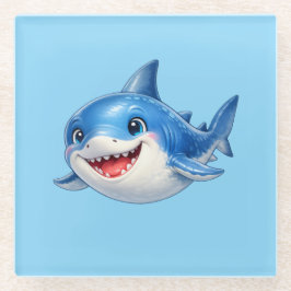 大きな目のかわいいサメのイラスト ガラスコースター