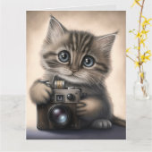 大きな目のかわいい子猫誕生日 カード (黄色い花)