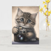 大きな目のかわいい子猫誕生日 カード (黄色い花)