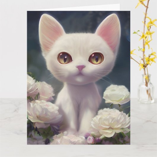 大きな目のかわいい猫の子猫アートビッグ誕生日カード カード (黄色い花)