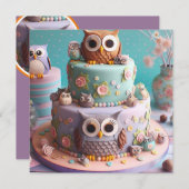 大きな目のフクロウをテーマにしたお誕生日ケーキ 招待状 (正面/裏面)