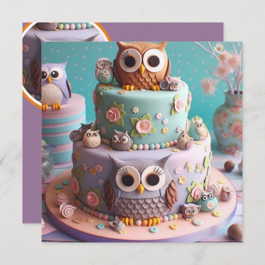 大きな目のフクロウをテーマにしたお誕生日ケーキ 招待状 (正面/裏面)