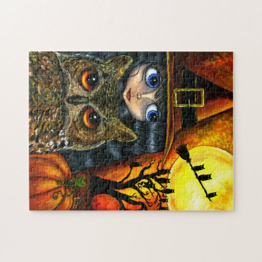 大きな目の子人形ハロウィン魔女フクロウ ジグソーパズル (横)