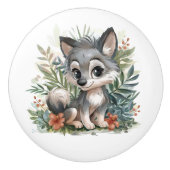 大きな目の灰色のオオカミ セラミックノブ (正面)