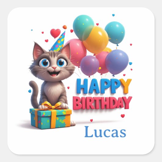 大きな目の猫の誕生日ギフト 🎉 スクエアシール (正面)