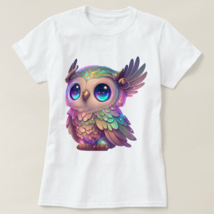 大きな目の角フクロウの漫画スタイルグラフィック Tシャツ