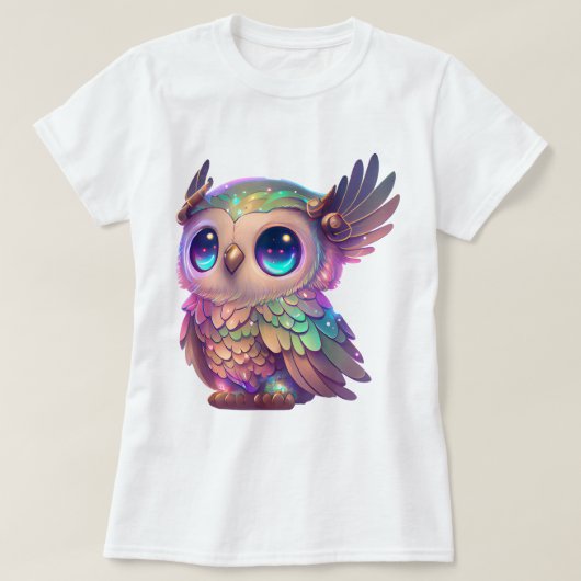 大きな目の角フクロウの漫画スタイルグラフィック Tシャツ (デザイン正面)