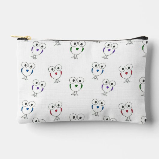 大きな目の鳥のパターン白 アクセサリーポーチ (正面)