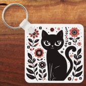 大きな目の黒い花柄の猫 キーホルダー (正面)