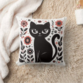 大きな目をしたかわいい黒猫と花 クッション (ブランケット)
