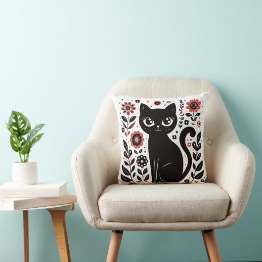 大きな目をしたかわいい黒猫と花 クッション (椅子)