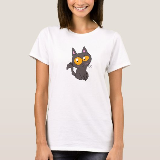 大きな目をした小さな黒猫の女性用シャツ Tシャツ (正面)