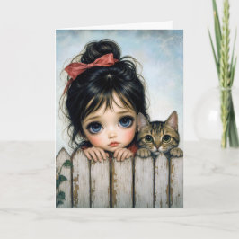 大きな目をした誕生日の女の子とペットの猫 カード