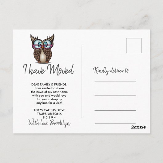 大きな目を持つフクロウ動く告知 ポストカード (裏面)