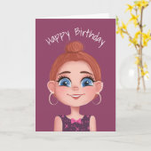 大きな目を持つ漫画誕生日の女の子 カード (黄色い花)