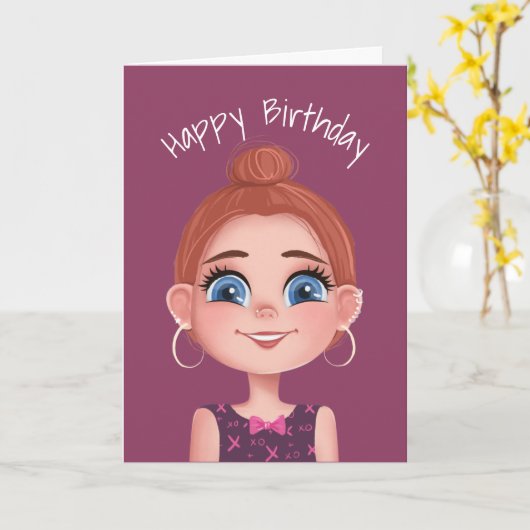 大きな目を持つ漫画誕生日の女の子 カード (黄色い花)