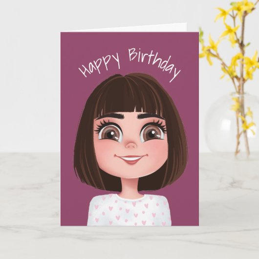 大きな目を持つ漫画誕生日の女の子 カード (黄色い花)