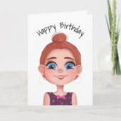 大きな目を持つ漫画誕生日の女の子 カード (正面)