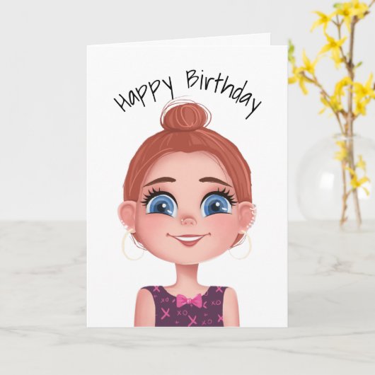 大きな目を持つ漫画誕生日の女の子 カード (黄色い花)