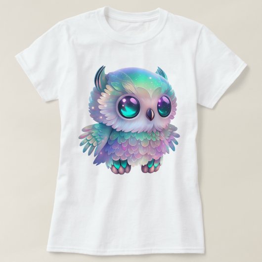 大きな目数々の色のフクロウのグラフィック Tシャツ (デザイン正面)