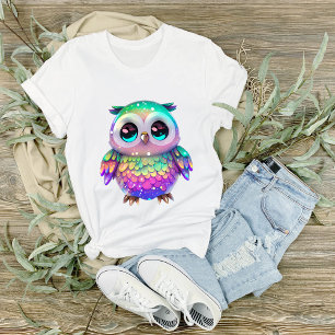 大きな目、白い斑点のある数々の色のフクロウのグラフィック Tシャツ