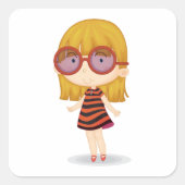 大きな眼鏡の四角いステッカー付き女の子 スクエアシール (正面)