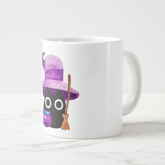 大きな紫色の帽子の水色を持ったしゃれた黒猫 ジャンボコーヒーマグカップ (正面右)