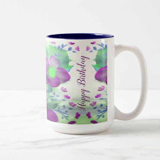 大きな紫色の海軍のブリーとライムグリーンの花のマグ ツートーンマグカップ (右)