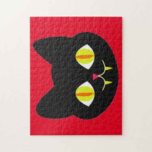 大きな緑の目をした怖い猫顔、犬歯 ジグソーパズル (縦)