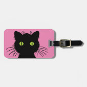 大きな緑の目をした、かわいい好奇心いっぱいの黒猫 ラゲッジタグ (正面横)