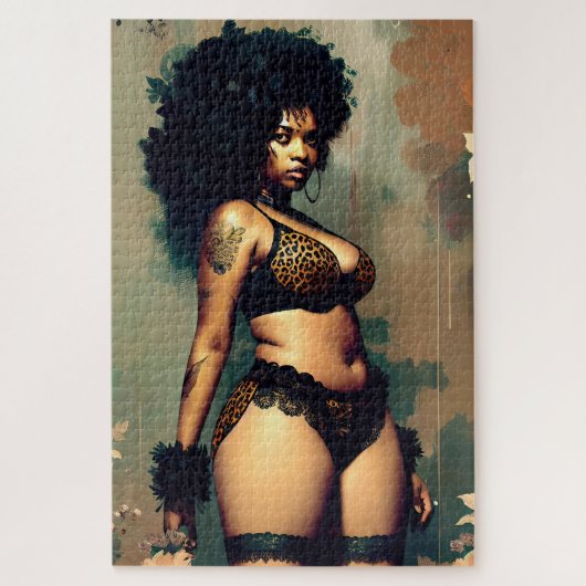 大きな自然の髪とランジェリーでセクシーな黒い女性 ジグソーパズル (縦)