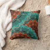 大きな花のティール(緑がかった色)茶色のオレンジ色のパターン クッション (ブランケット)