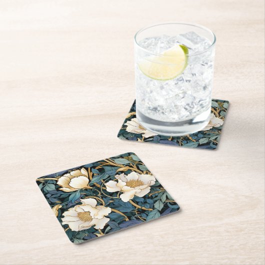 大きな花ウィリアムモリスインスパイア スクエアペーパーコースター (インサイチュ)