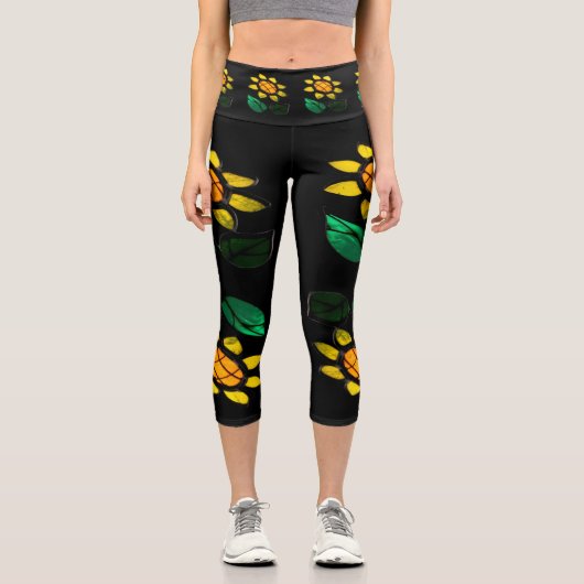 大きな花ステンドグラス黒カプリレギンス カプリレギンス (正面)